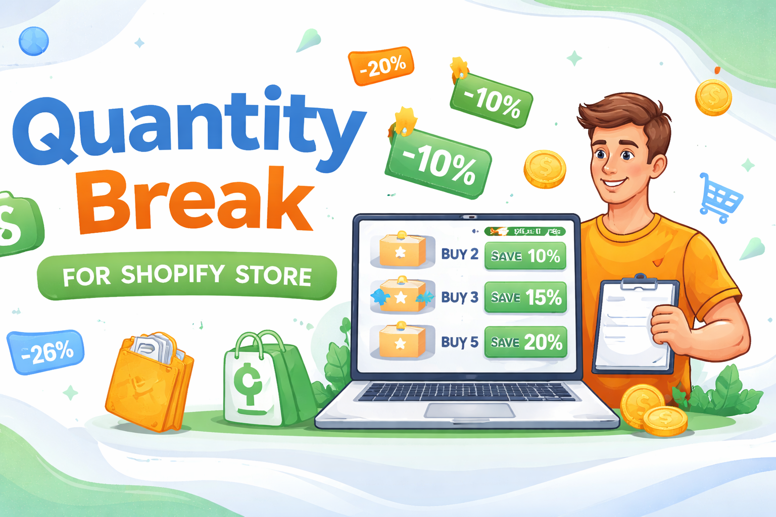 Quantity break for Shopify store — Buy 2 Save 10%, Buy 3 Save 15%, Buy 5 Save 20%